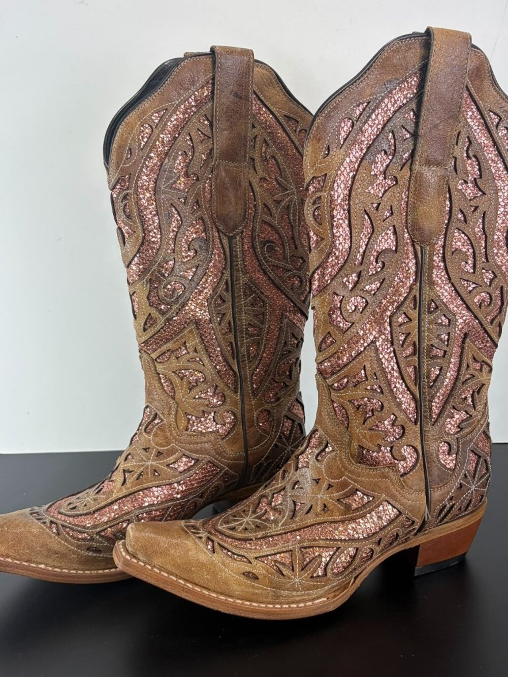 JB Dillon Reserve RoseGold Glitter Inlay Leather Western Cowboy Boots Womens 8.5